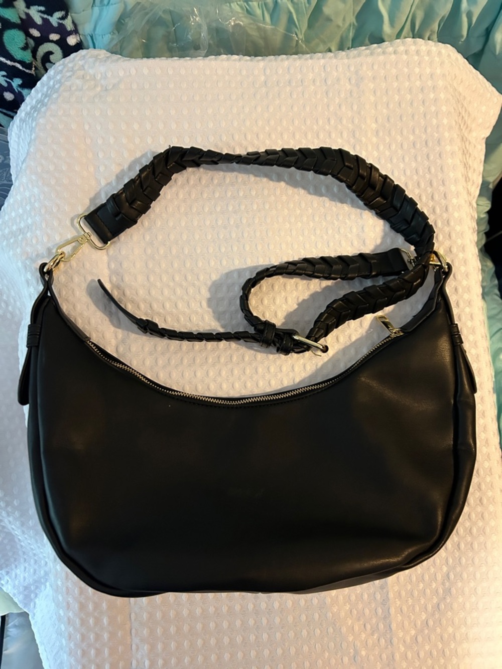 Classic Black Leather Shoulder Bag with Braided Strap